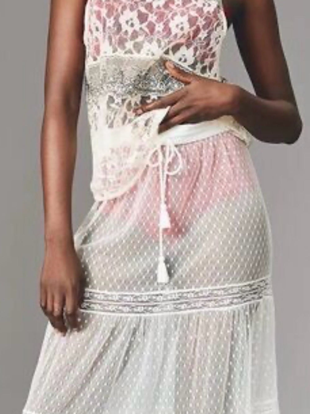 Anthropologie Sheer Dot Lace Maxi Skirt, Wear over FP Slip, Pants,Alone. Size L.